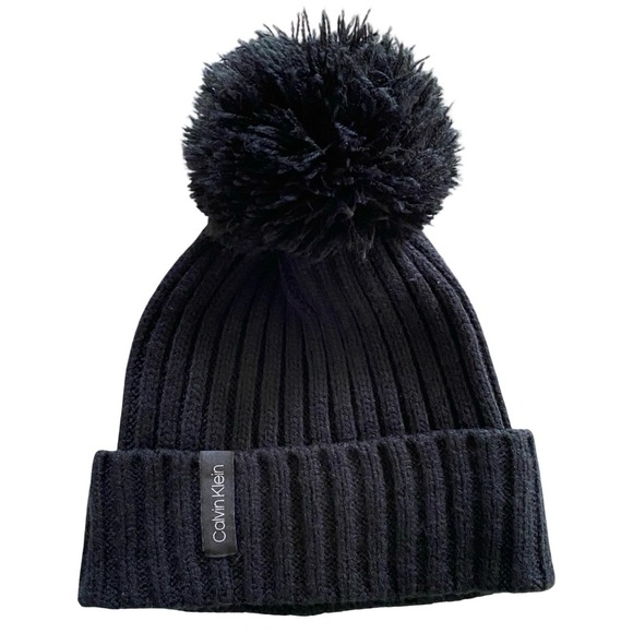 Calvin Klein Beanie Hat Unisex One Size Black Ribbed Sweater Knit Cap Puff Ball - Picture 2 of 6